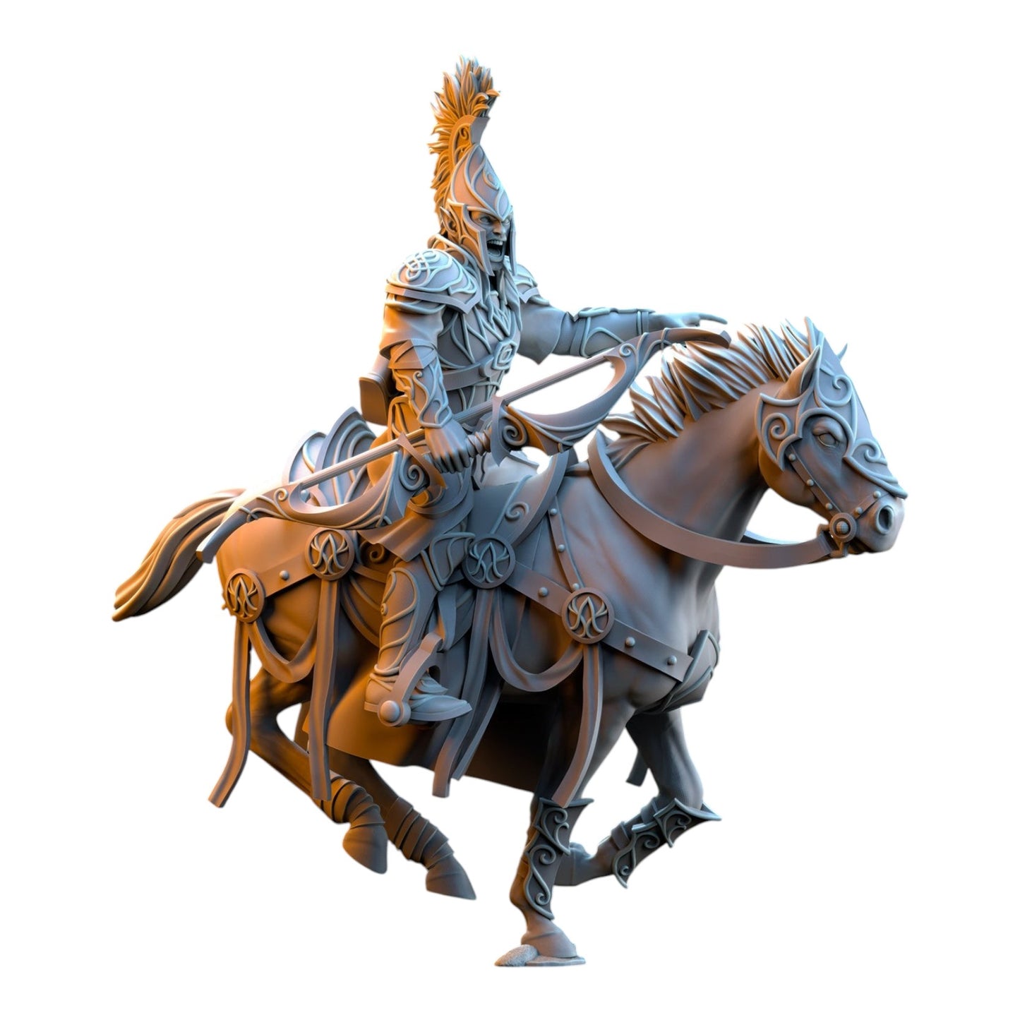 CT Miniatures UK 32mm grey resin Silvermoor Elves Archer Cavalry miniature on horseback with intricate fantasy armor