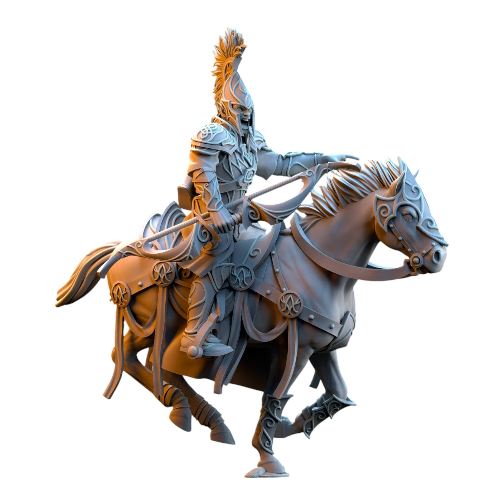 CT Miniatures UK 32mm grey resin Silvermoor Elves Archer Cavalry miniature on horseback with intricate fantasy armor