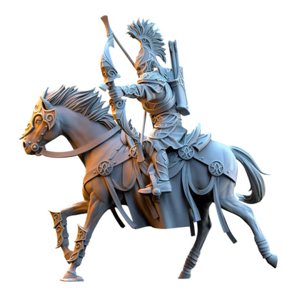 CT Miniatures UK 32mm resin Silvermoor Elves Archer Cavalry miniature in grey, featuring an elf archer on horseback.