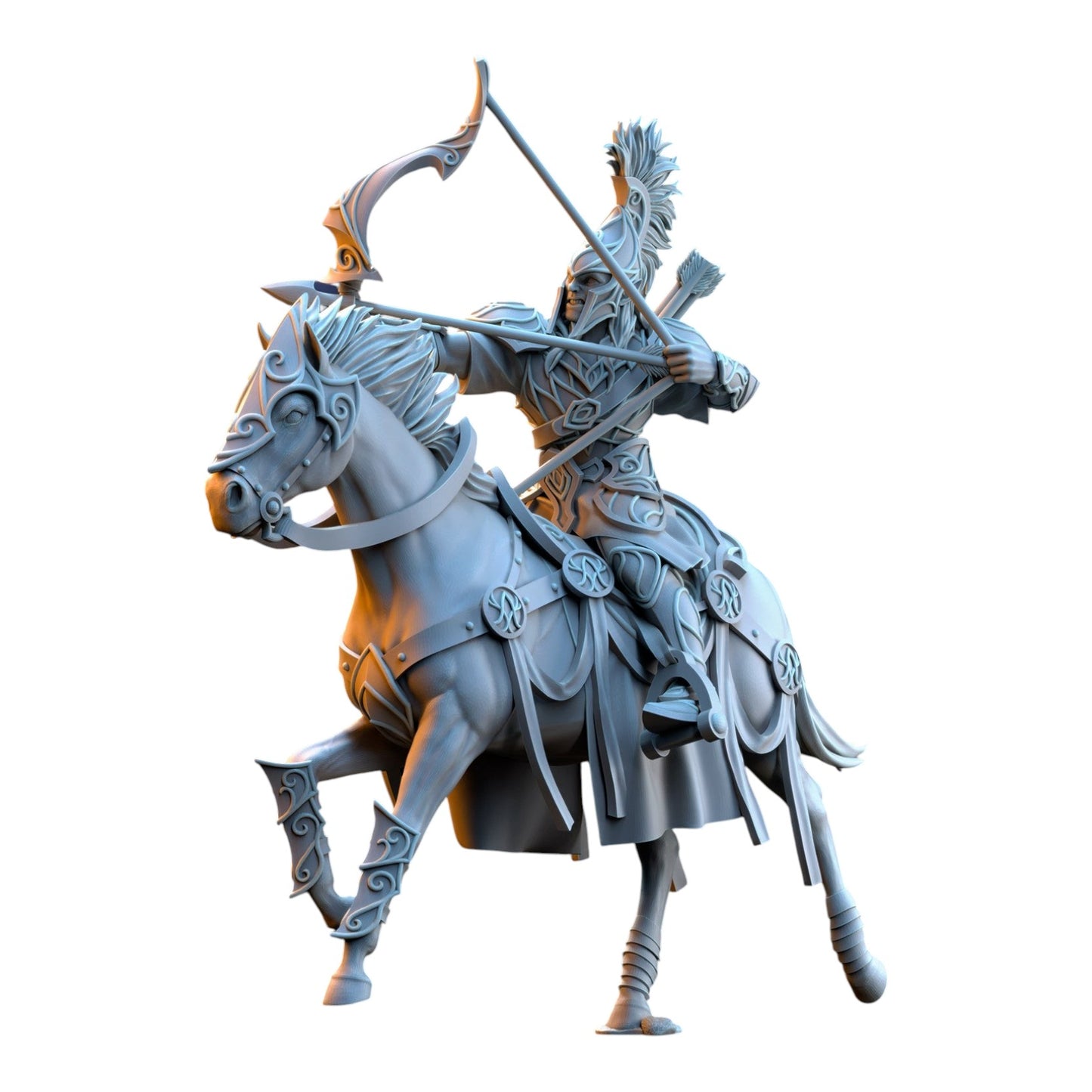 CT Miniatures UK 32mm scale Silvermoor Elves Archer Cavalry resin miniature in grey, featuring an elf on horseback.