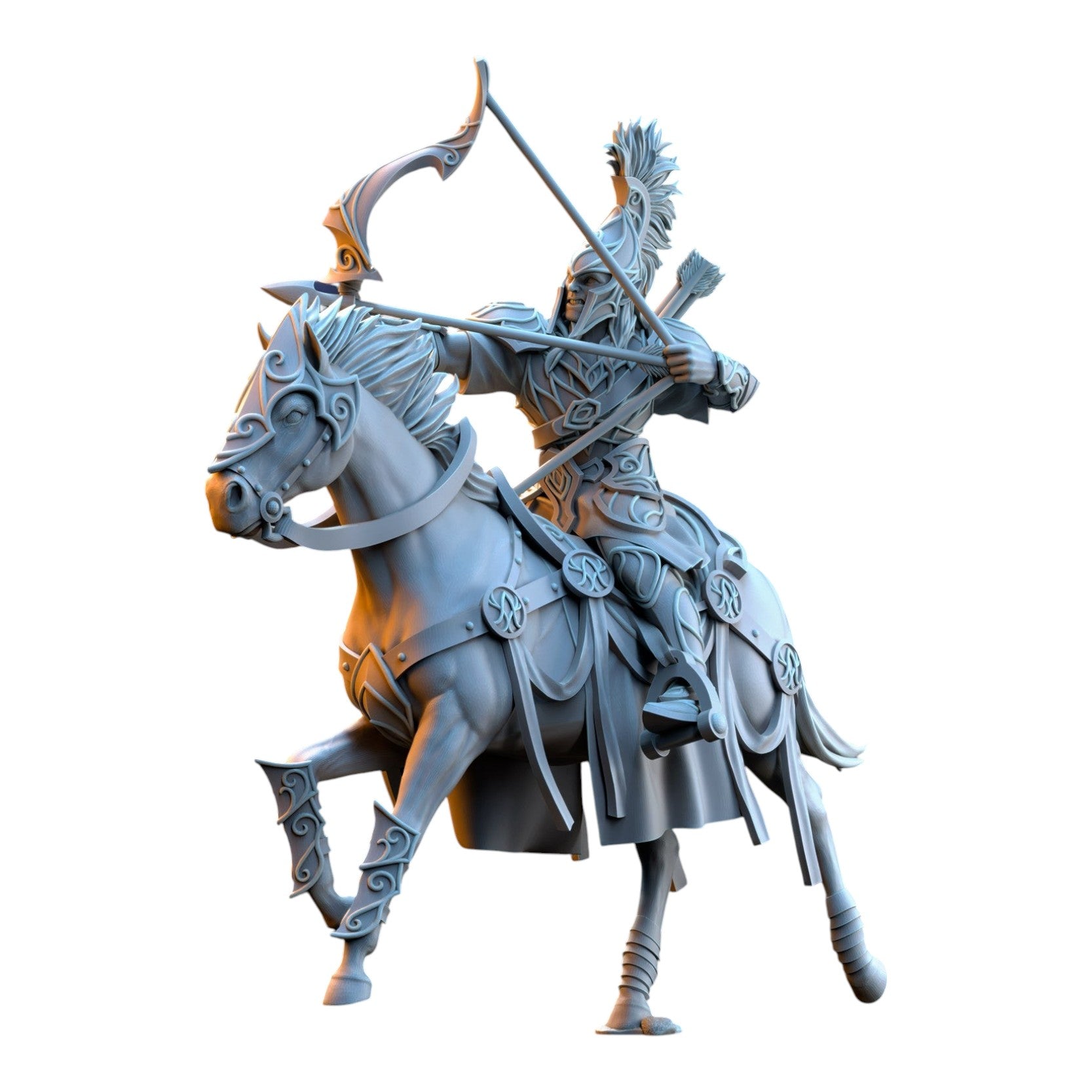 CT Miniatures UK 32mm scale Silvermoor Elves Archer Cavalry resin miniature in grey, featuring an elf on horseback.