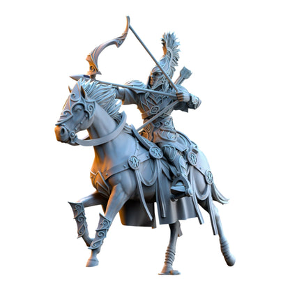 CT Miniatures UK 32mm scale Silvermoor Elves Archer Cavalry resin miniature in grey, featuring an elf on horseback.