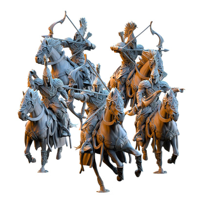 CT Miniatures UK set of five 32mm grey resin Silvermoor Elves archer cavalry miniatures on horseback for tabletop gaming.