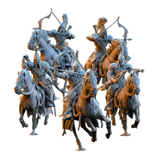 CT Miniatures UK set of five 32mm grey resin Silvermoor Elves archer cavalry miniatures on horseback for tabletop gaming.