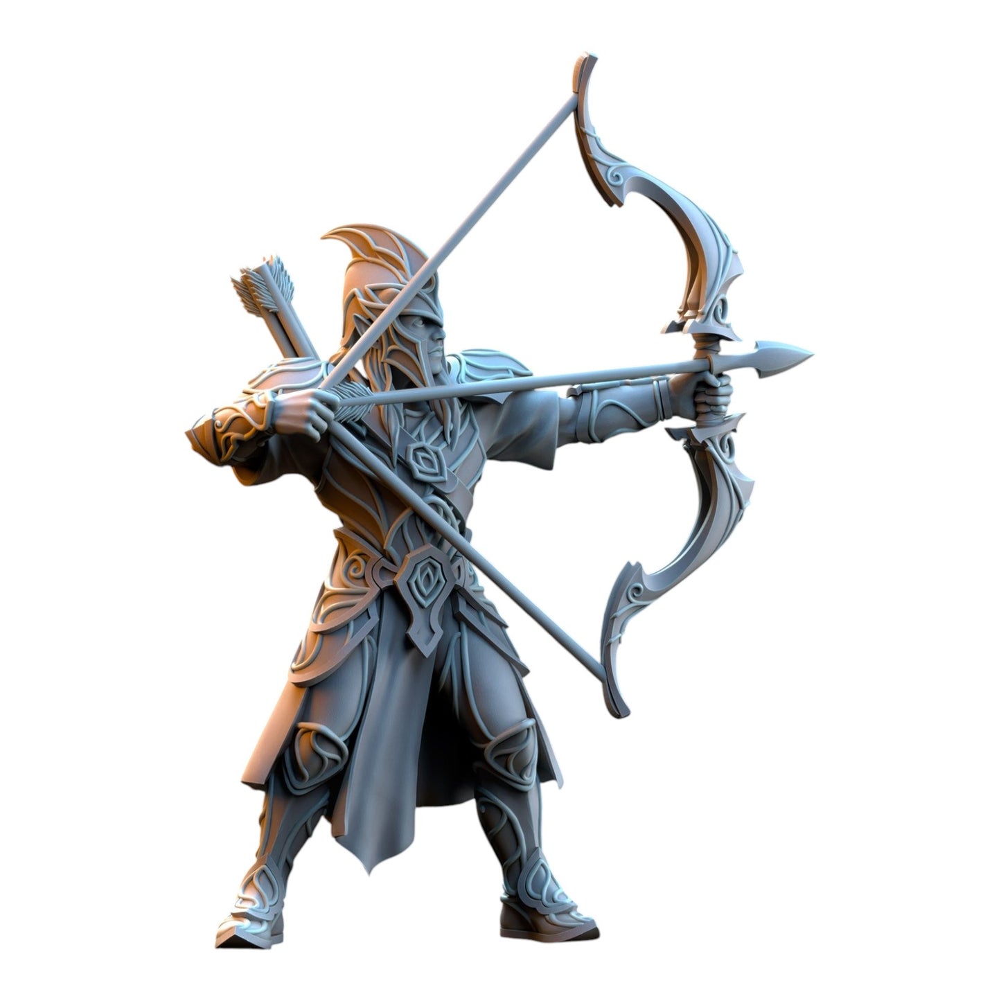 CT Miniatures UK Silvermoor Elves Archer miniature in grey resin, featuring intricate fantasy armor and longbow.