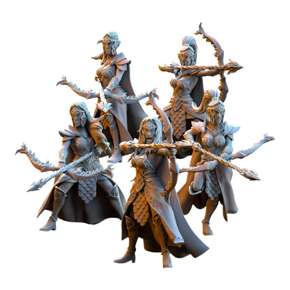 CT Miniatures UK set of five 32mm grey resin Silvermoor Elves Sisterhood Archer miniatures for tabletop gaming.