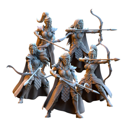 CT Miniatures UK set of five 32mm grey resin Silvermoor Elves Sisterhood Archer miniatures for tabletop gaming.