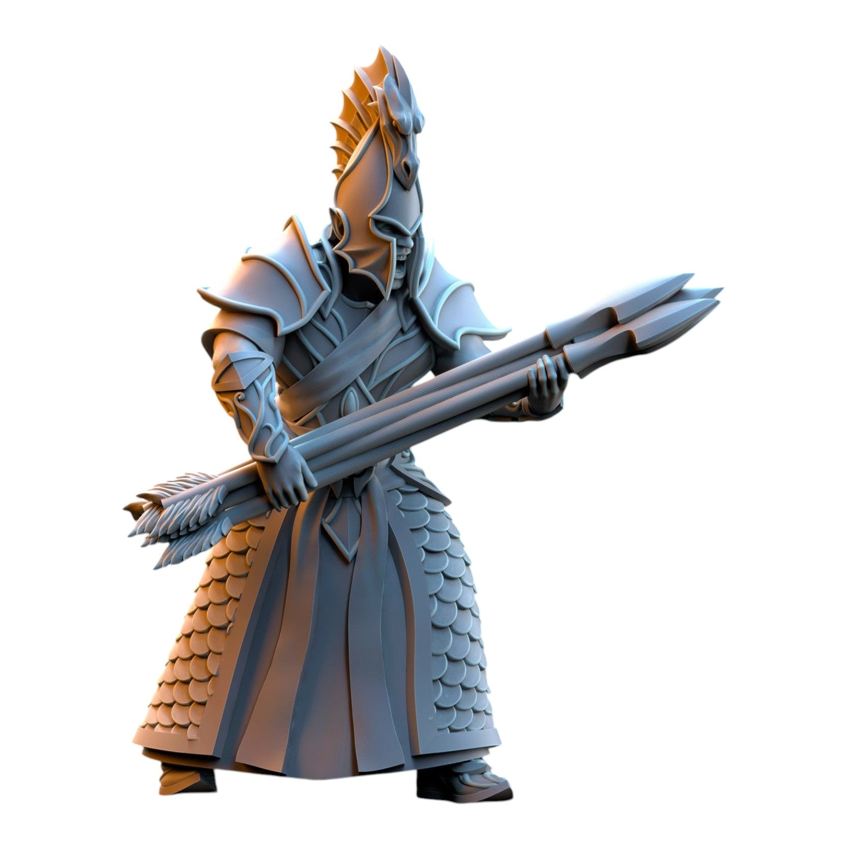 CT Miniatures UK 32mm Silvermoor Elves Ballista miniature in grey resin with intricate scale armor and tall helmet