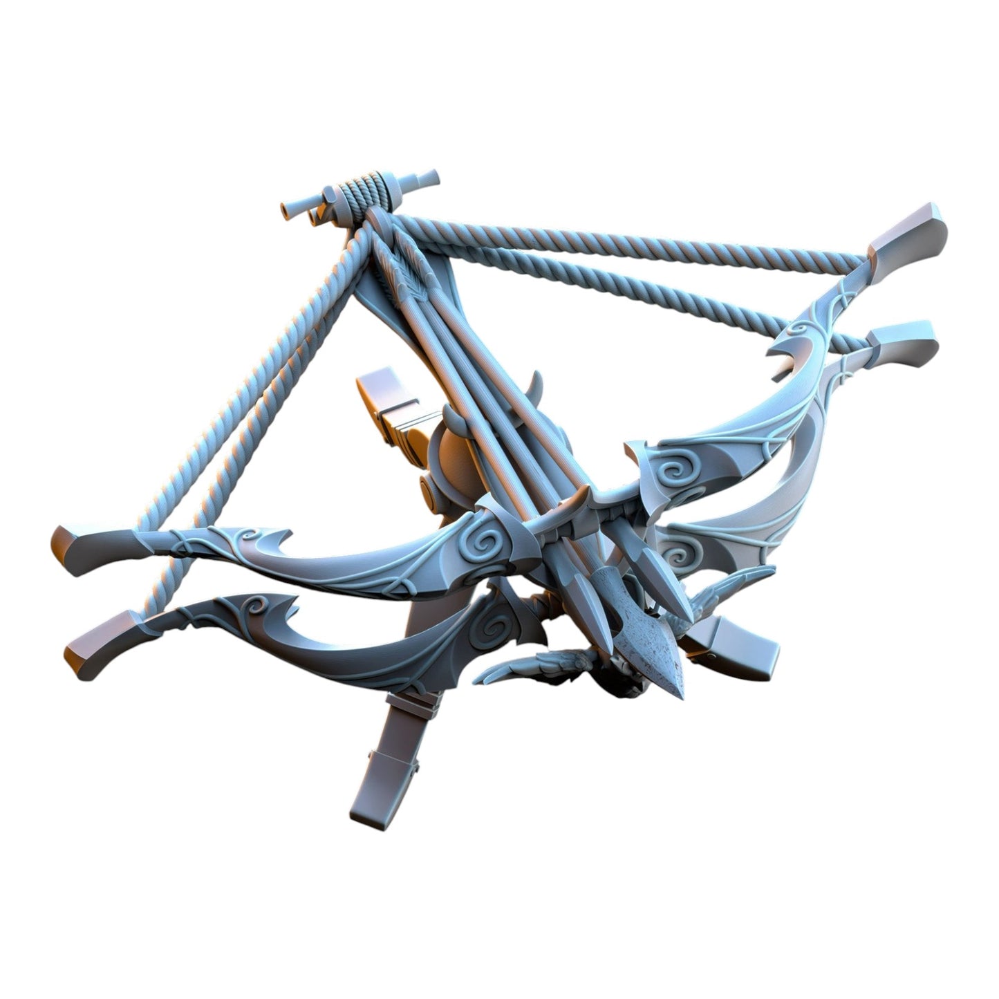 CT Miniatures UK 3D printed grey resin Silvermoor Elves ballista miniature with intricate fantasy scrollwork details