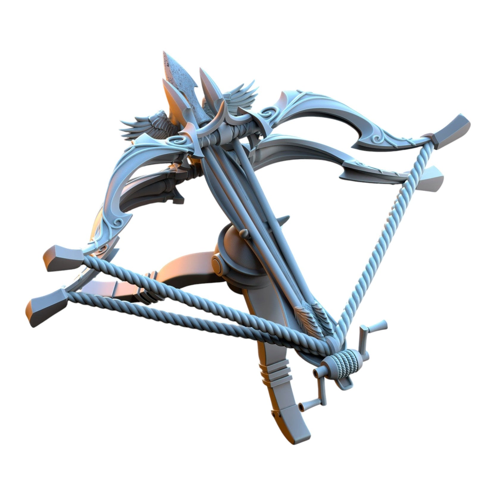 CT Miniatures UK 3D printed grey resin Silvermoor Elves ballista miniature with intricate wing and rope details