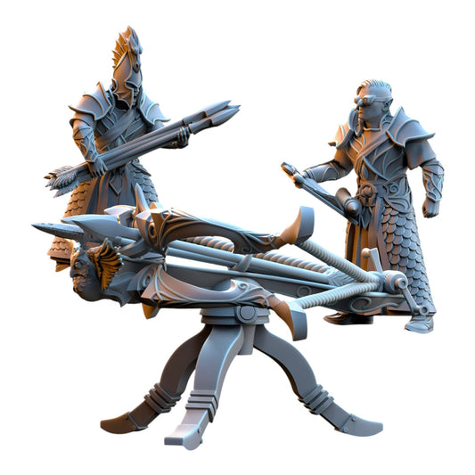 CT Miniatures UK grey resin 3D printed Silvermoor Elves ballista miniature with two elf crew figures for tabletop games