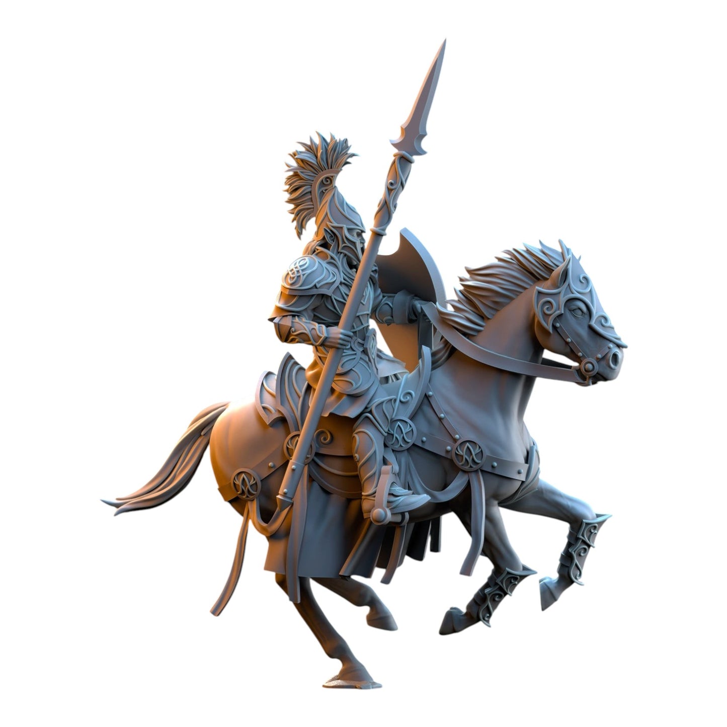 CT Miniatures UK 32mm scale grey resin Silvermoor Elves light cavalry miniature with spear and ornate horse armor