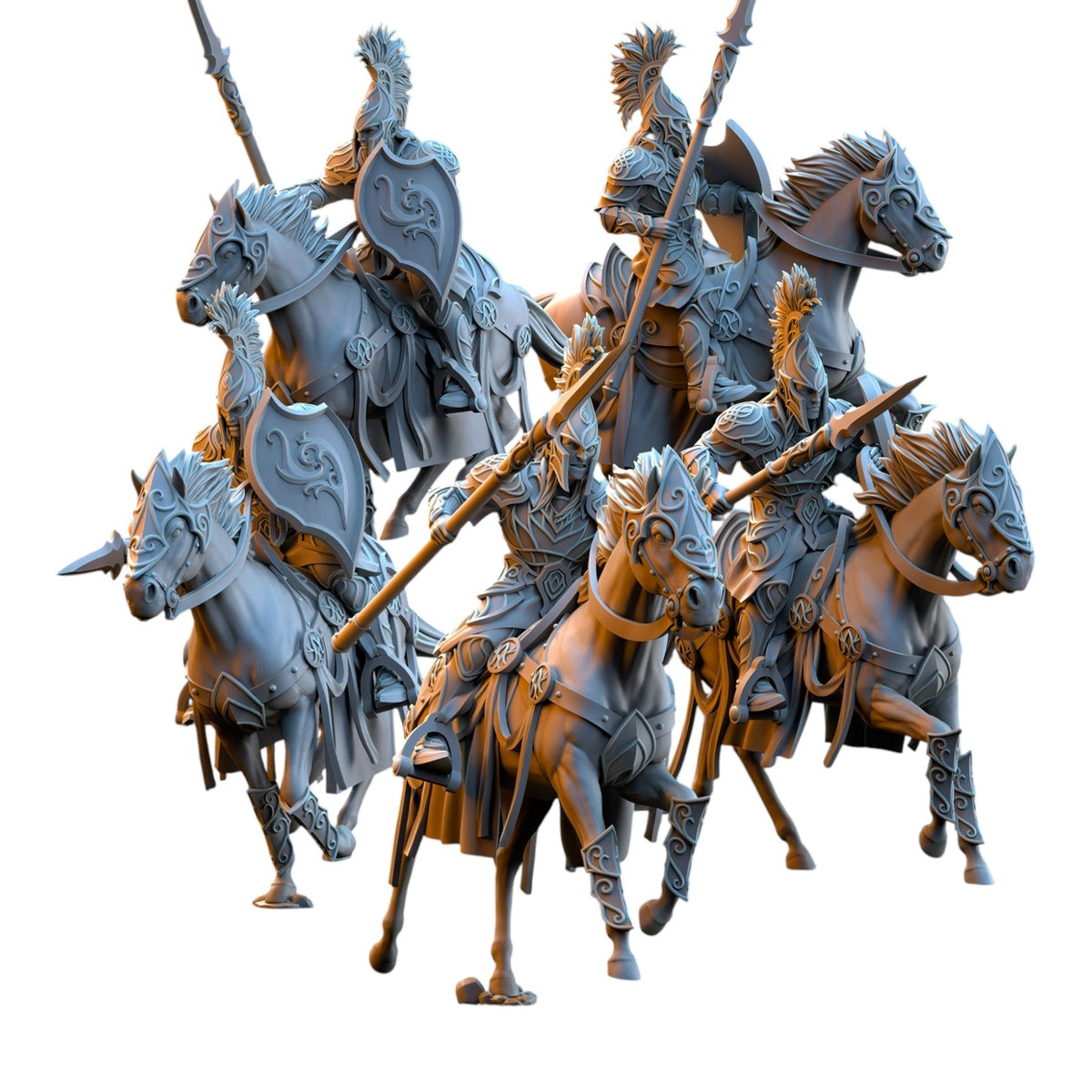 CT Miniatures UK set of five 32mm grey resin Silvermoor Elves light cavalry miniatures on horseback with spears