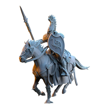 CT Miniatures UK Silvermoor Elves Light Cavalry miniature in grey resin, featuring an armored rider on horseback.