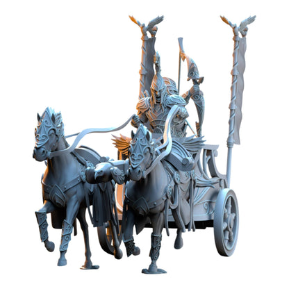CT Miniatures UK 3D printed grey resin Silvermoor Elves chariot miniature with two horses and an elven archer.
