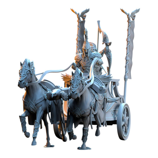 CT Miniatures UK 3D printed grey resin Silvermoor Elves chariot miniature with two horses and an elven archer.