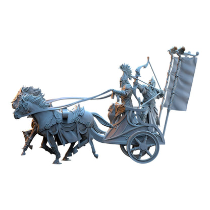CT Miniatures UK Silvermoor Elves chariot miniature with horses and riders, 3D printed in grey resin.