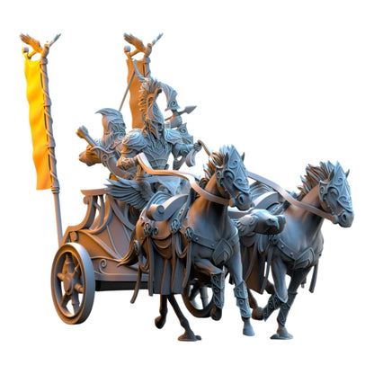 CT Miniatures UK 3D printed grey resin Silvermoor Elves chariot miniature with two horses and elven riders