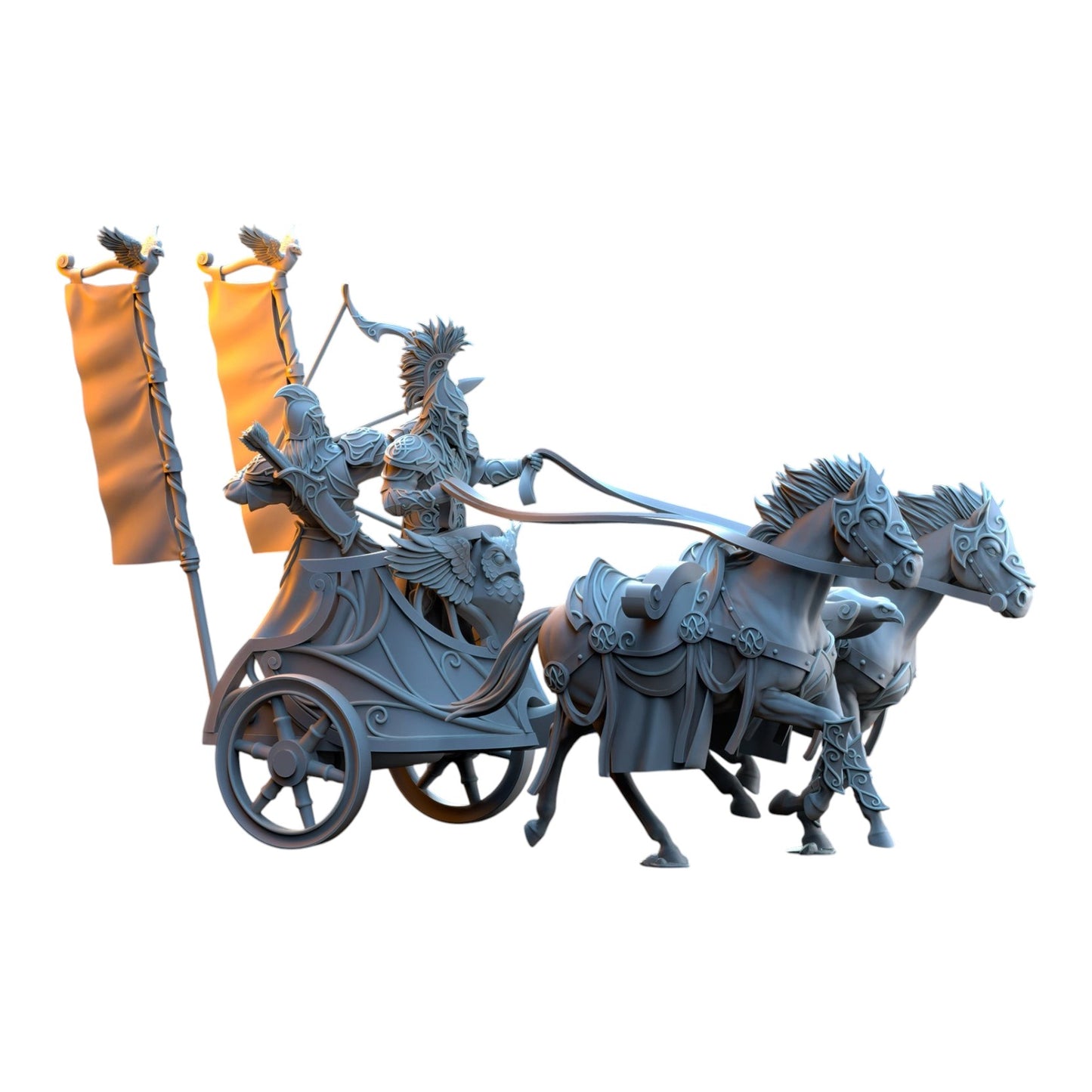 CT Miniatures UK 3D printed grey resin Silvermoor Elves chariot with two horses and armored elf riders