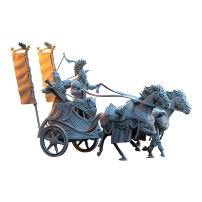 CT Miniatures UK 3D printed grey resin Silvermoor Elves chariot with two horses and armored elf riders