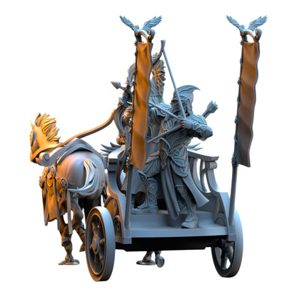 CT Miniatures UK 3D printed grey resin Silvermoor Elves chariot miniature with archer and horse, 32mm scale.