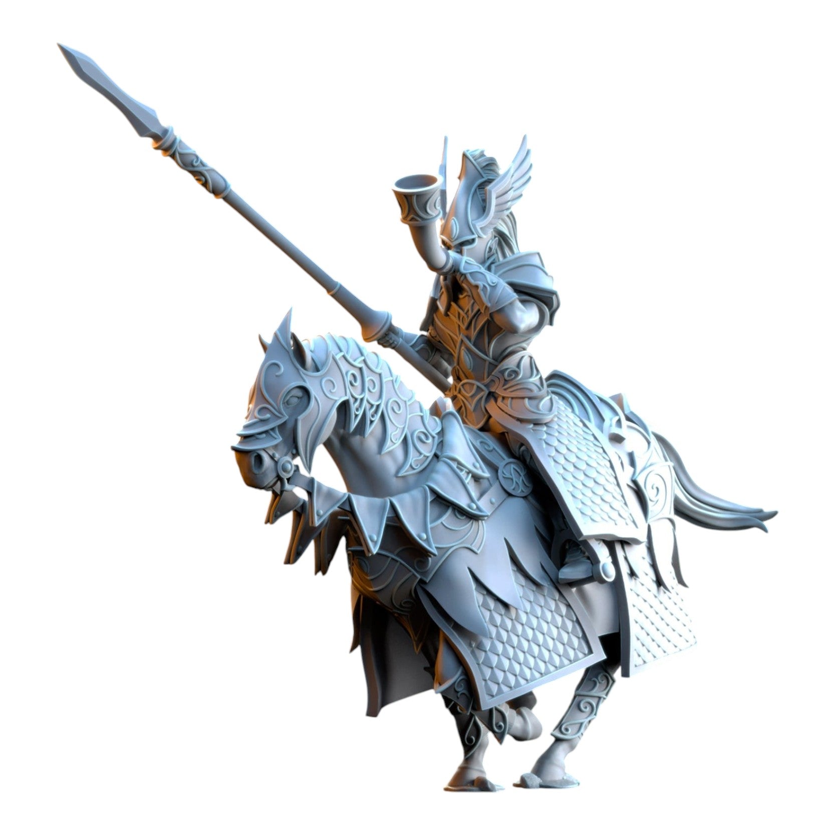 CT Miniatures UK 32mm scale grey resin Silvermoor Elves knight on horseback holding a spear and blowing a horn