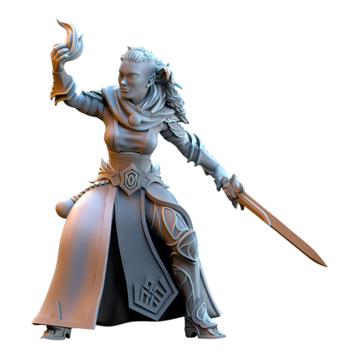 CT Miniatures UK 32mm Silvermoor Elves Sorceress miniature in grey resin holding a magical flame and a sword