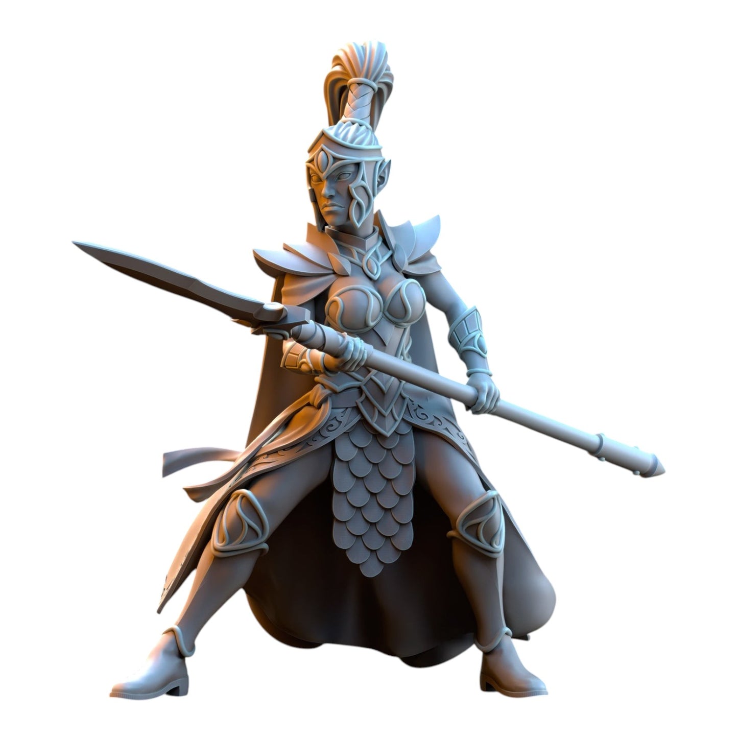CT Miniatures UK grey resin Sisterhood Praetorian elf warrior miniature with spear and detailed fantasy armor