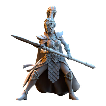 CT Miniatures UK grey resin Sisterhood Praetorian elf warrior miniature with spear and detailed fantasy armor