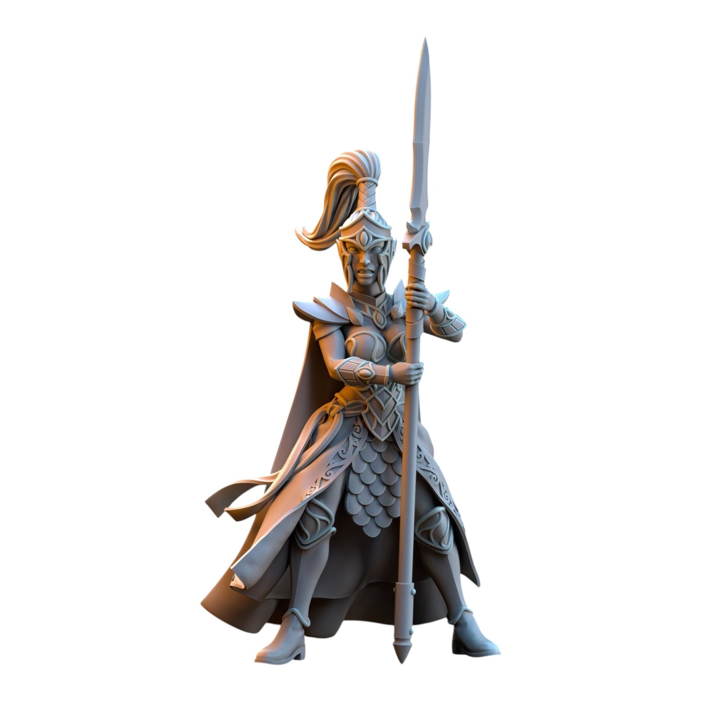 CT Miniatures UK grey resin Sisterhood Praetorian Silvermoor Elf miniature holding a spear in 32mm scale
