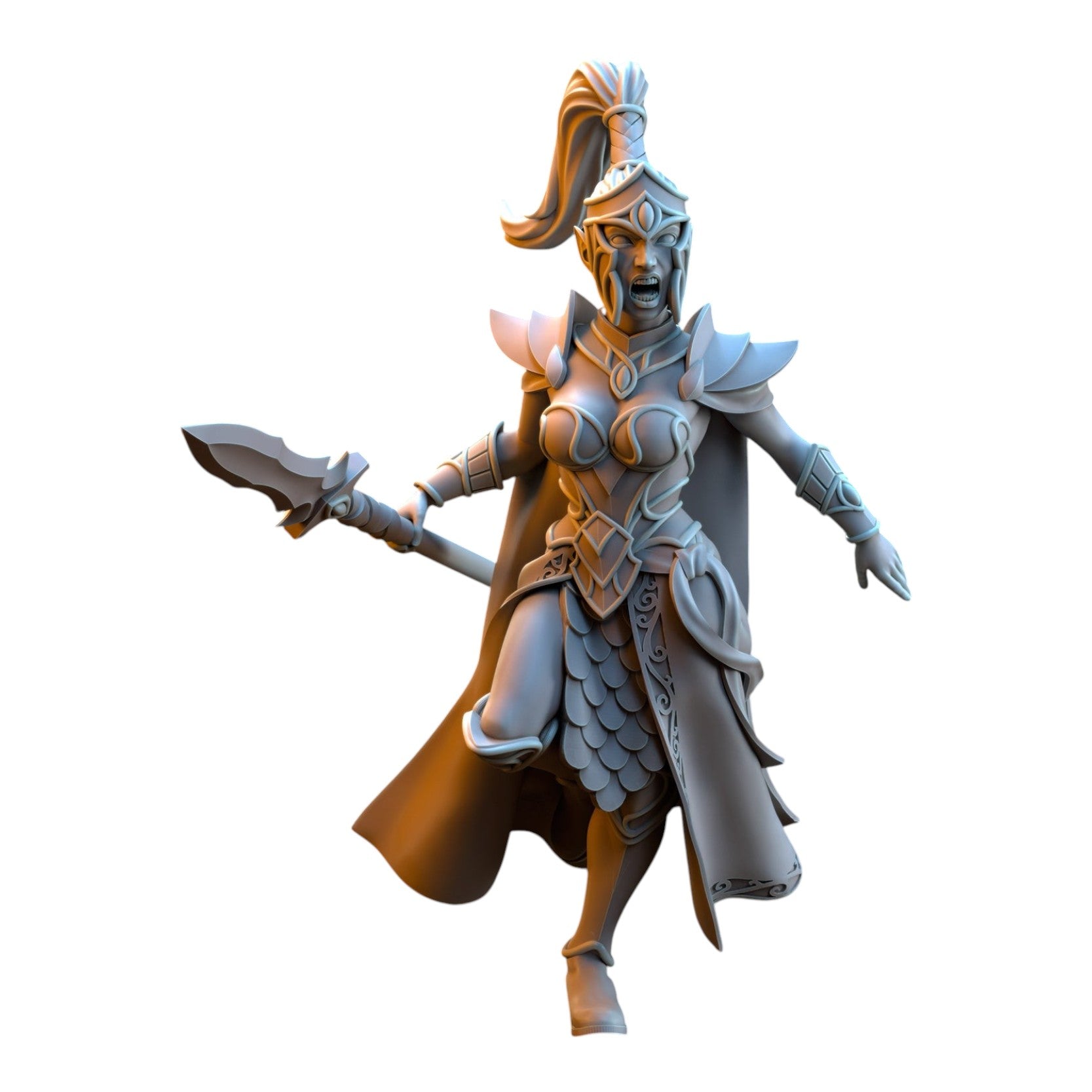 CT Miniatures UK 3D printed grey resin Sisterhood Praetorian Silvermoor Elf warrior miniature with spear
