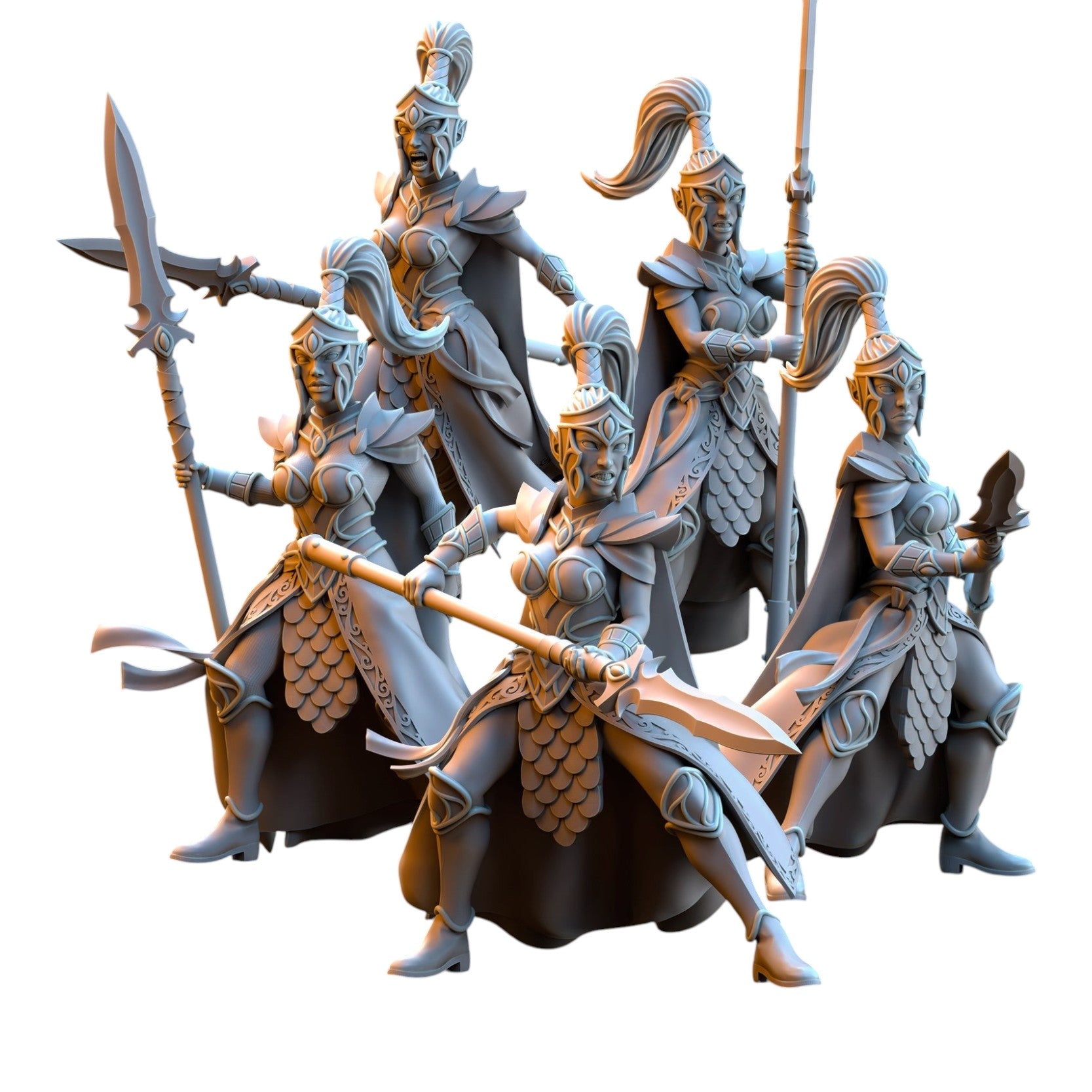 CT Miniatures UK set of five 32mm grey resin Sisterhood Praetorian elf warrior miniatures with spears and ornate armor.