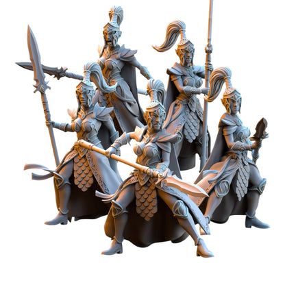 CT Miniatures UK set of five 32mm grey resin Sisterhood Praetorian elf warrior miniatures with spears and ornate armor.
