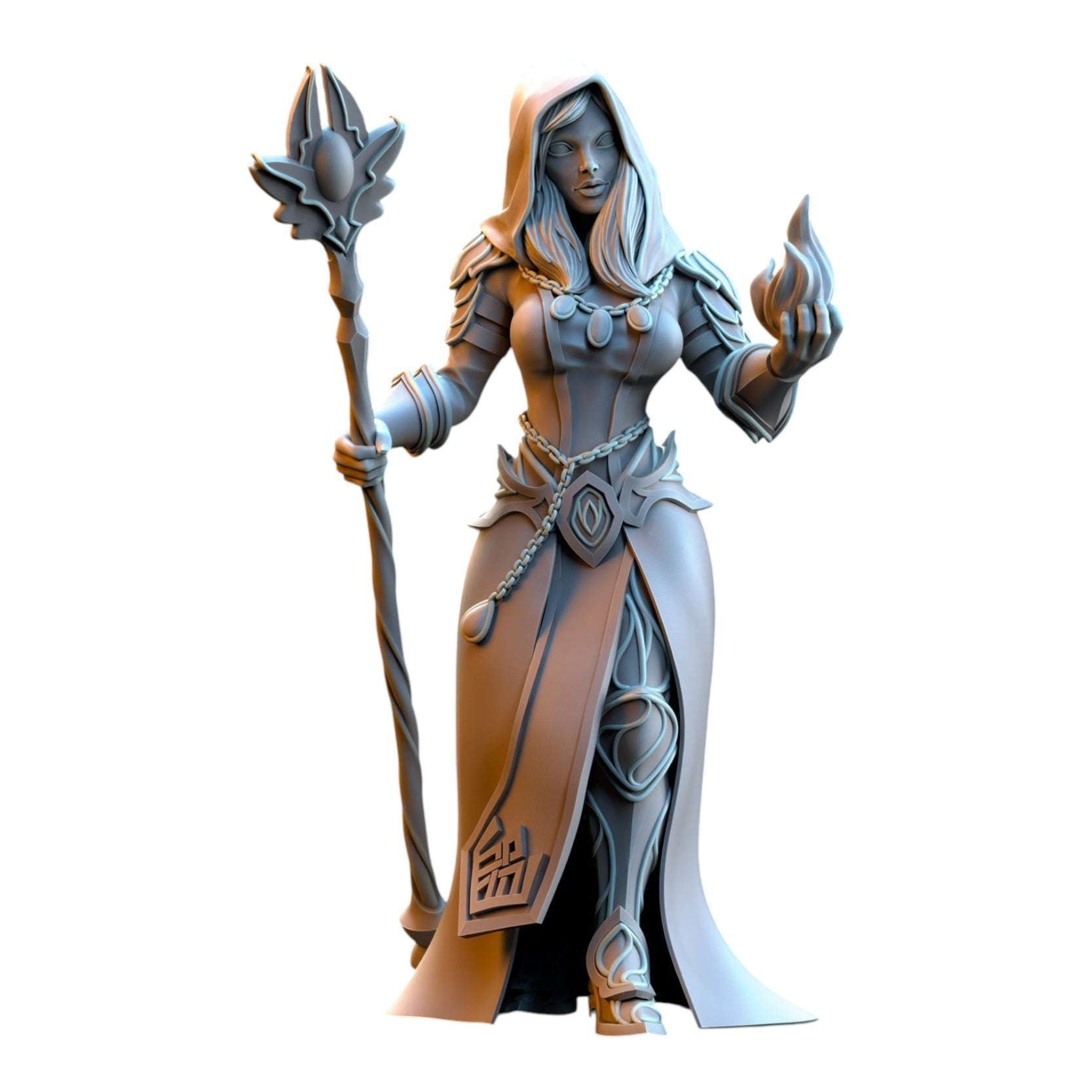 CT Miniatures UK grey resin 32mm Sorceress of the Inner Circle elf miniature holding a staff and magical flame