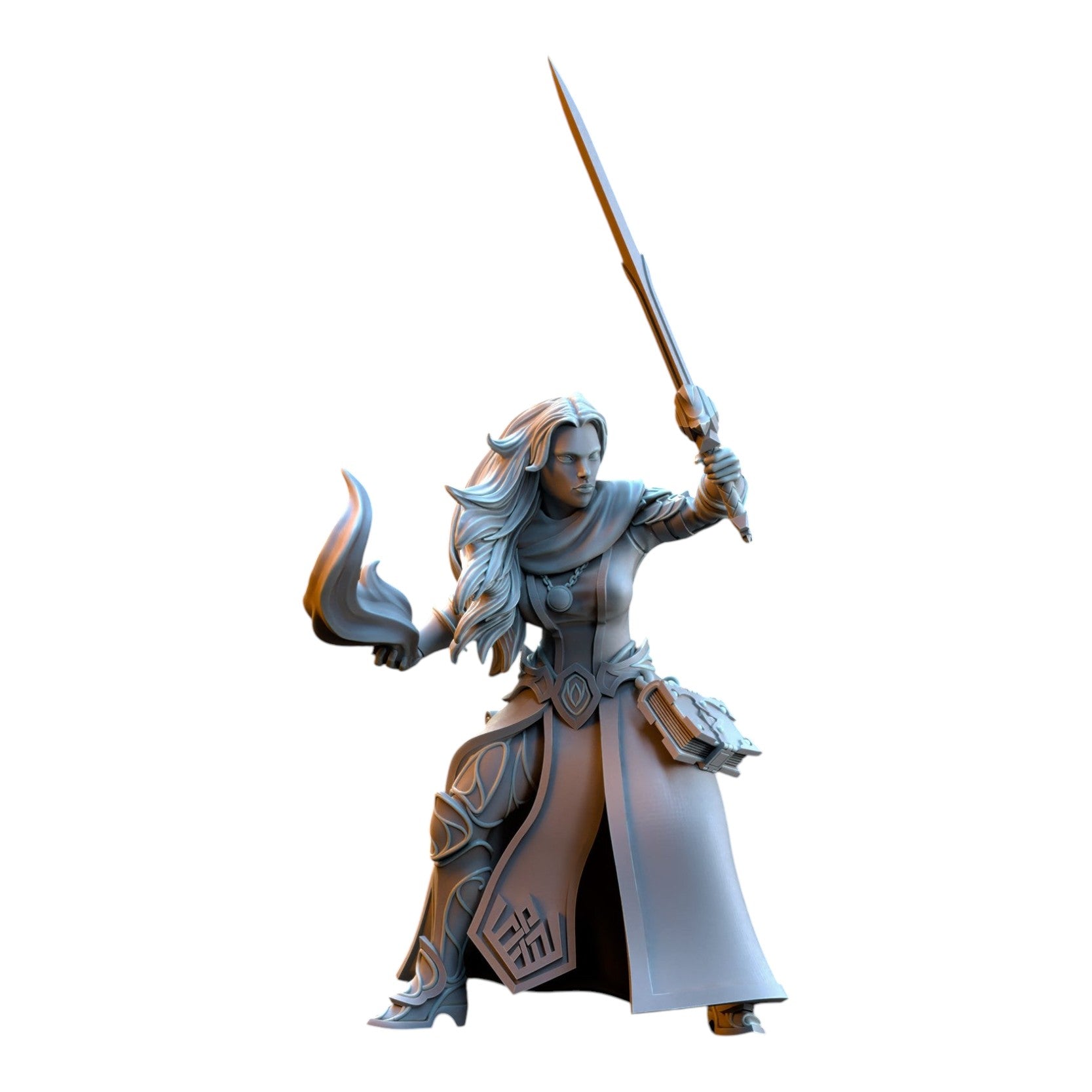 CT Miniatures UK 32mm grey resin Sorceress of the Inner Circle elf miniature holding a sword and magical flame