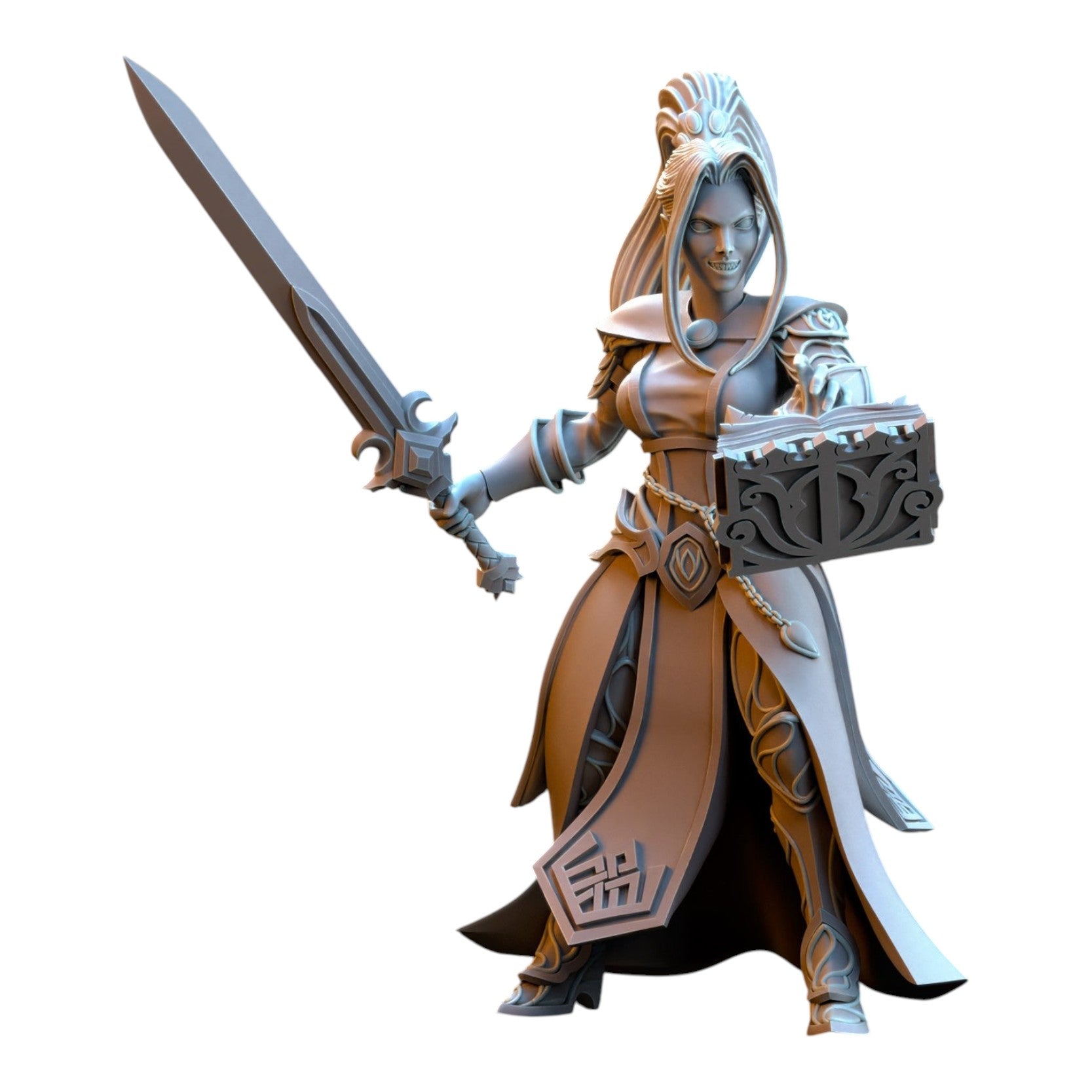 CT Miniatures UK 32mm grey resin Sorceress of the Inner Circle elf miniature holding a sword and an ornate spellbook