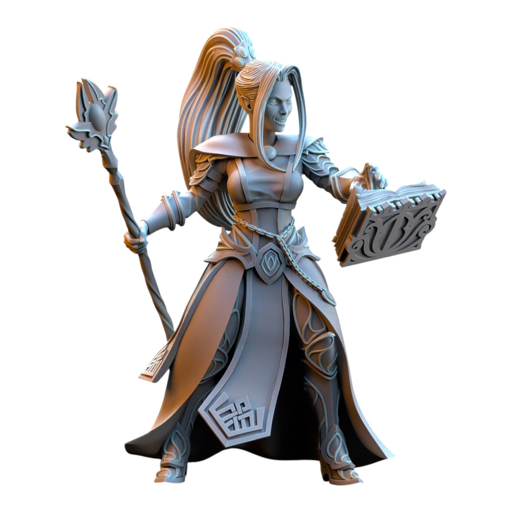 CT Miniatures UK 32mm grey resin Sorceress of the Inner Circle elf miniature holding a staff and spellbook