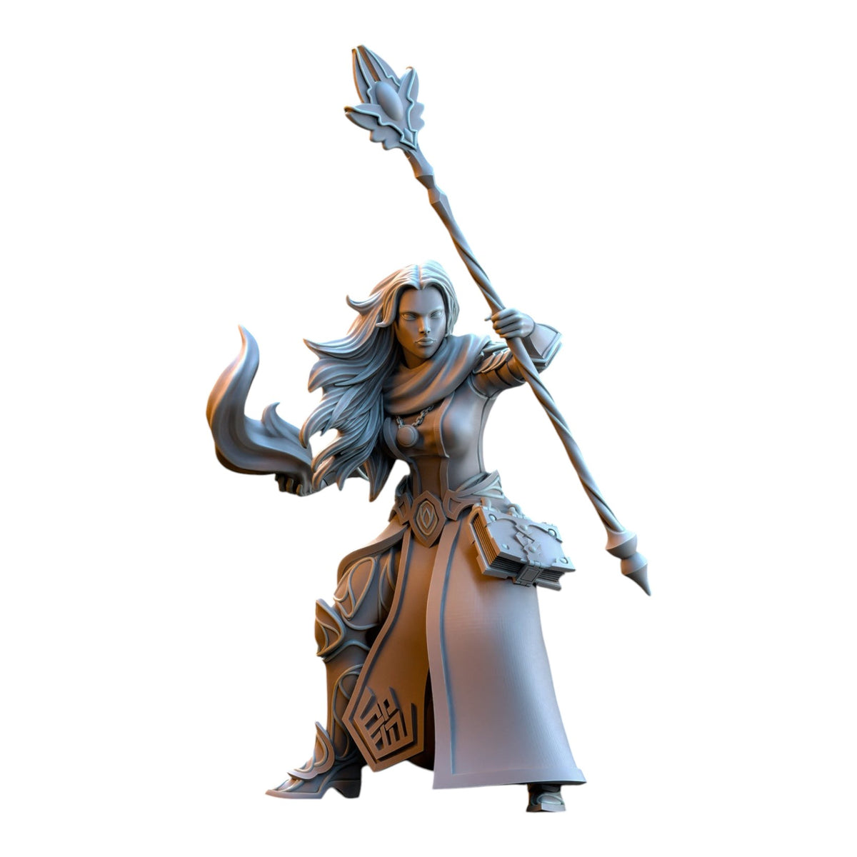 CT Miniatures UK 32mm grey resin Sorceress of the Inner Circle elf miniature holding a staff and spellbook