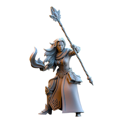 CT Miniatures UK 32mm grey resin Sorceress of the Inner Circle elf miniature holding a staff and spellbook