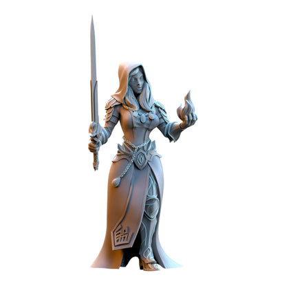 CT Miniatures UK 32mm grey resin Sorceress of the Inner Circle miniature holding a sword and magical flame