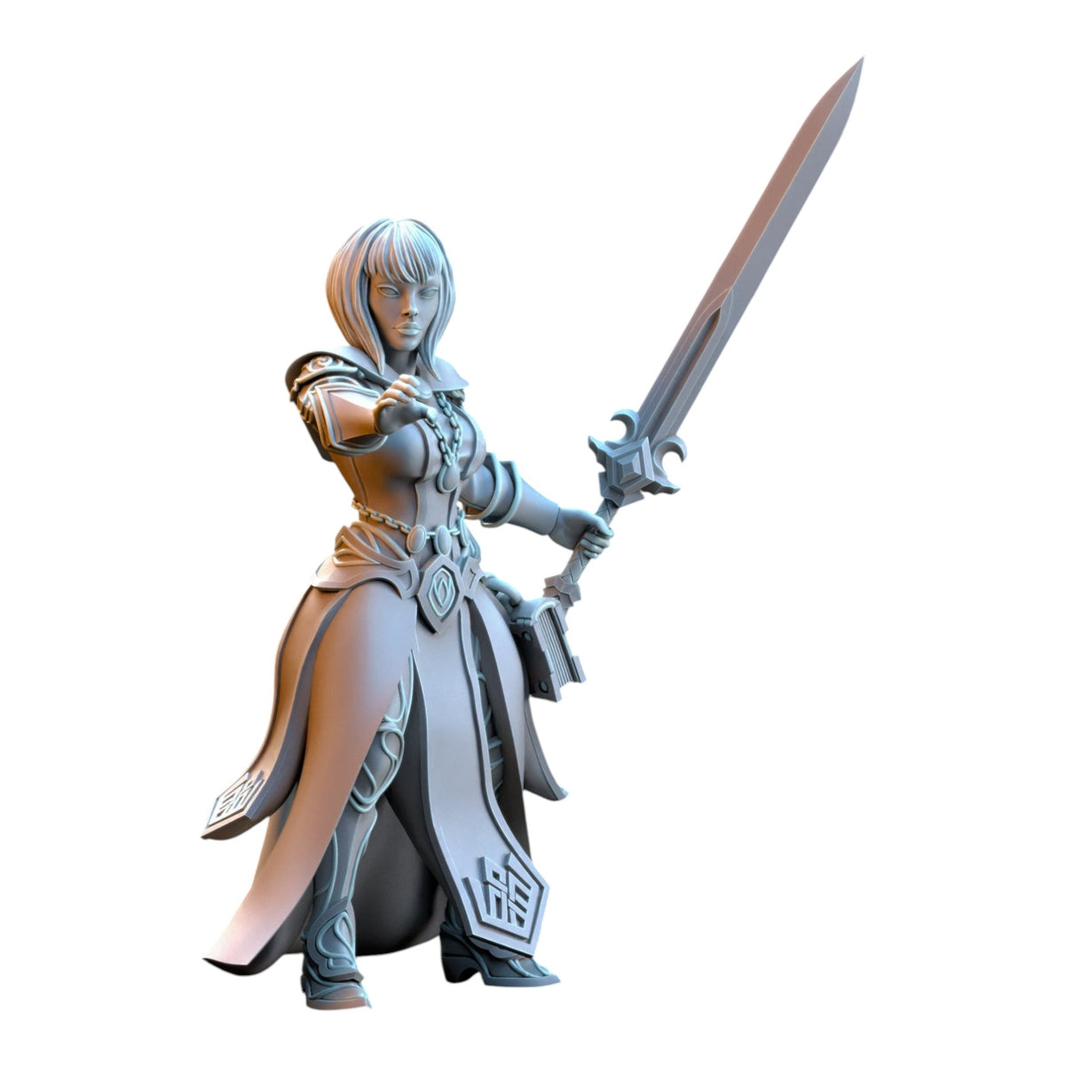 CT Miniatures UK 32mm grey resin Sorceress of the Inner Circle miniature holding a large sword for tabletop gaming