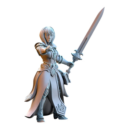 CT Miniatures UK 32mm grey resin Sorceress of the Inner Circle miniature holding a large sword for tabletop gaming