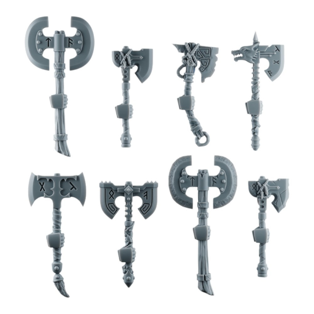 CT Miniatures UK set of eight 3D printed grey resin Space Viking axes with intricate Norse runes and wolf details