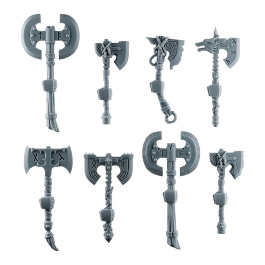 CT Miniatures UK set of eight 3D printed grey resin Space Viking axes with intricate Norse runes and wolf details