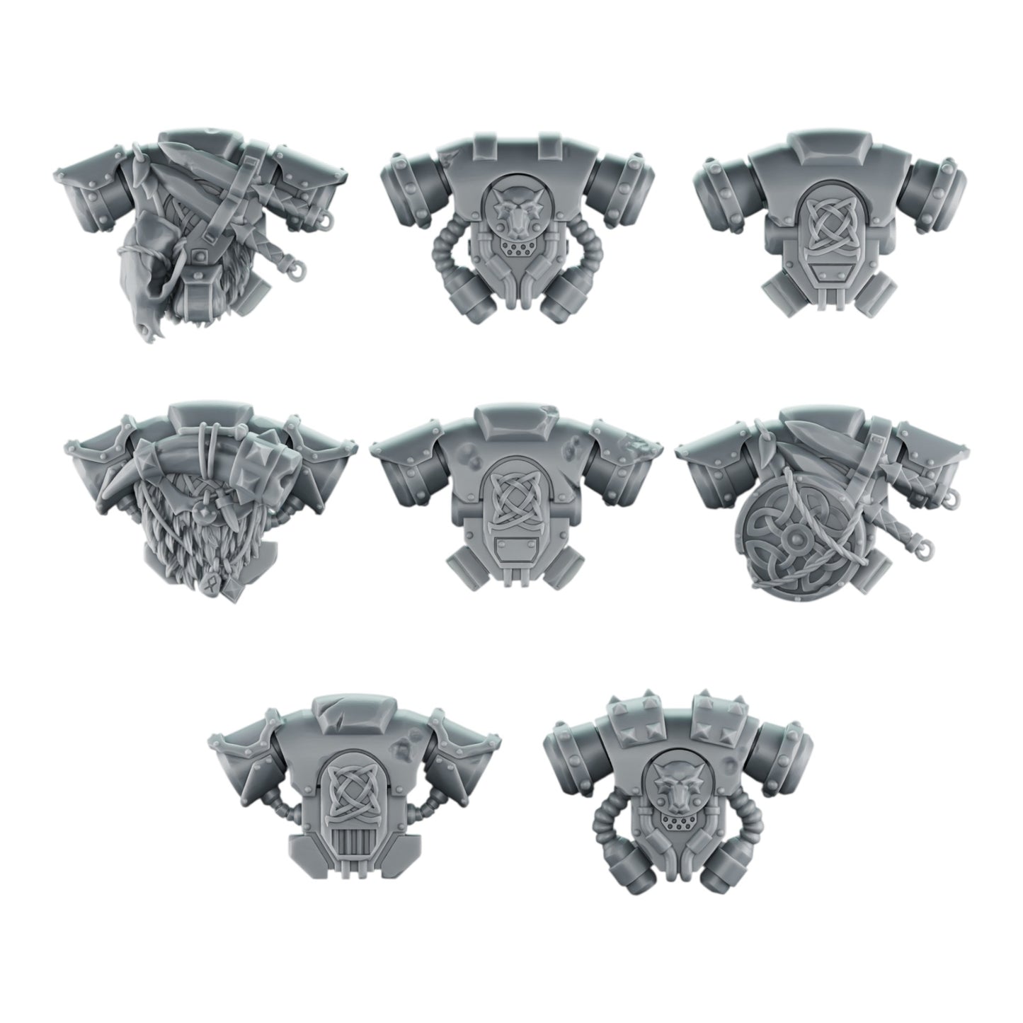 CT Miniatures UK set of 8 grey resin 3D printed Space Viking backpack accessories for sci-fi wargaming miniatures.
