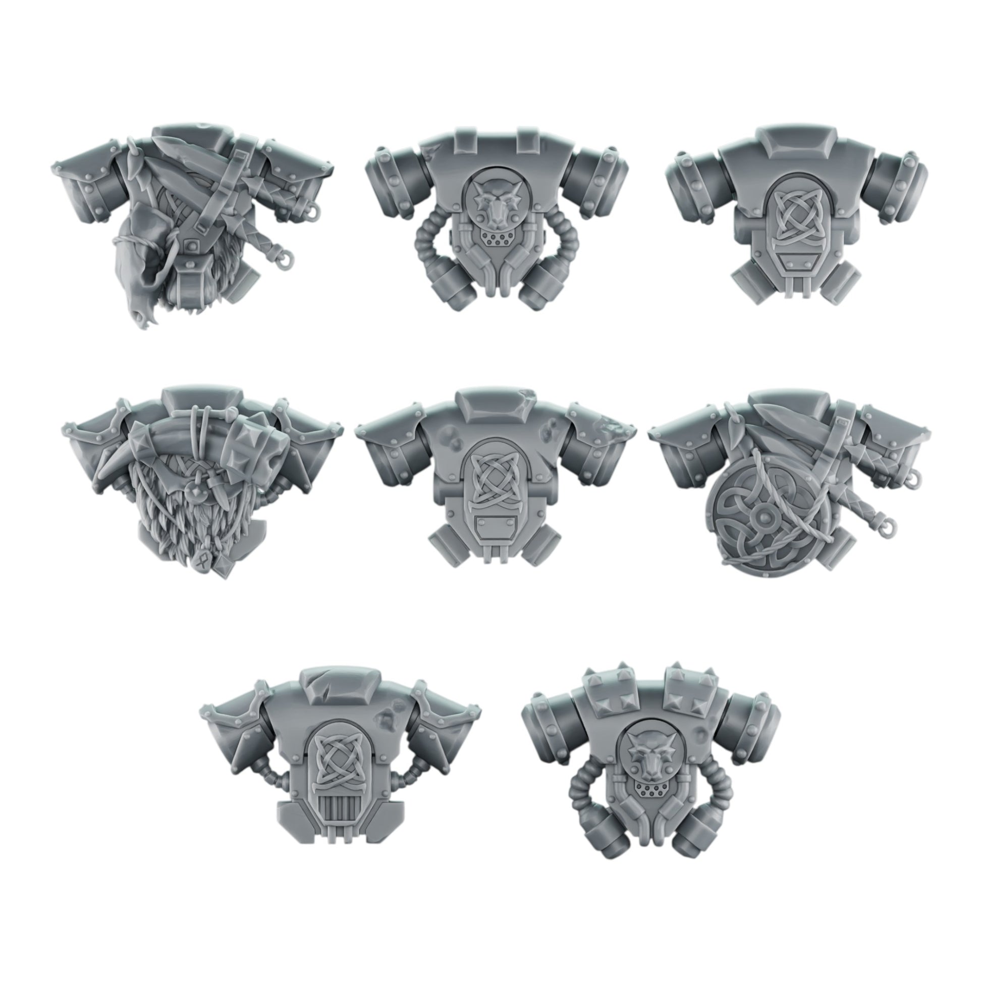 CT Miniatures UK set of 8 grey resin 3D printed Space Viking backpack accessories for sci-fi wargaming miniatures.