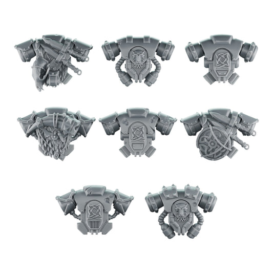 CT Miniatures UK set of 8 grey resin 3D printed Space Viking backpack accessories for sci-fi wargaming miniatures.
