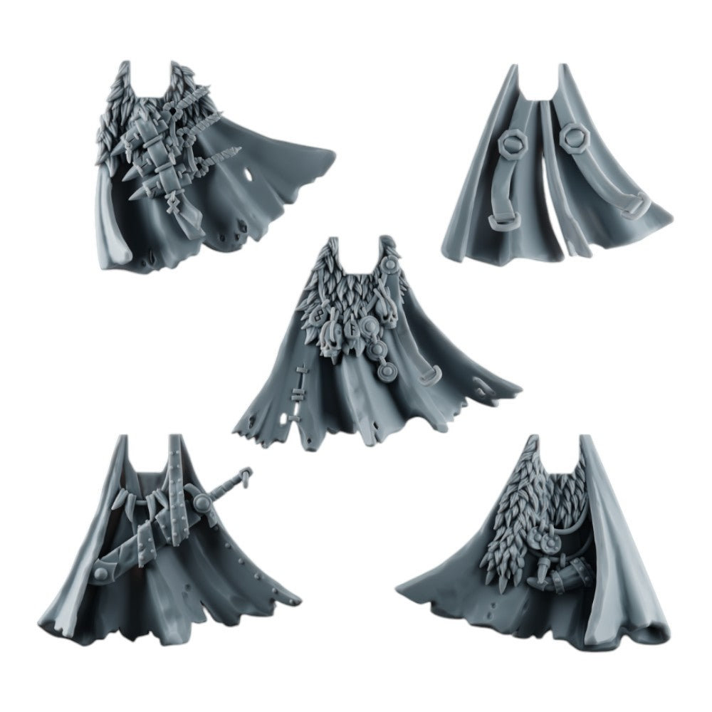 CT Miniatures UK set of five 3D printed grey resin space viking cloaks with fur and weapon details for miniatures