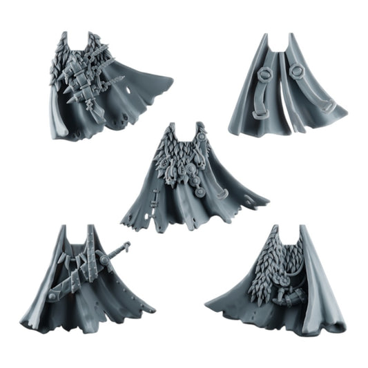 CT Miniatures UK set of five 3D printed grey resin space viking cloaks with fur and weapon details for miniatures