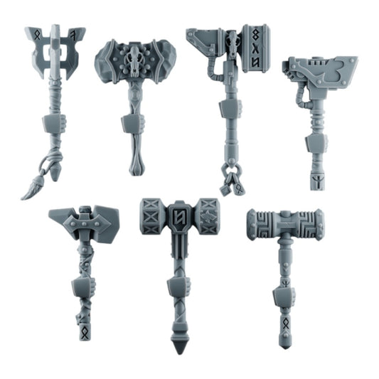 CT Miniatures UK set of seven 3D printed grey resin space viking hammers with intricate runic and skull details